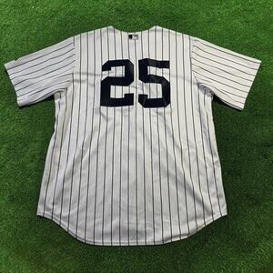 NY Yankees Majestic Cool Base Pinstripe MLB Jersey #25 Mens L Mark Teixeira